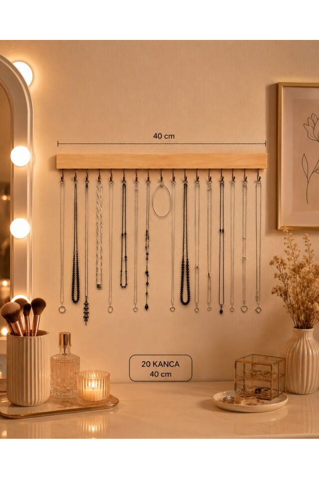 20 Kancalı Takı Düzenleyici Askılık | 40 cm Ahşap Kolye Organizeri